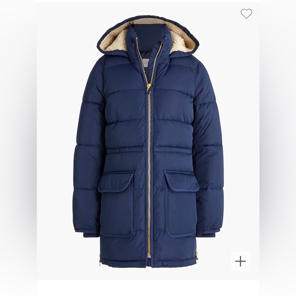 J. Crew Vail puffer coat. Navy blue. Gold zipper. In like new condition.